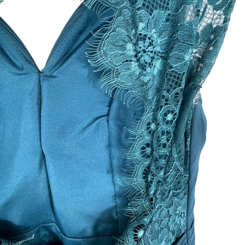JJ's House Teal Chiffon Maxi Dress Lace Back Pleated Formal Gown Small - Picture 11 of 14